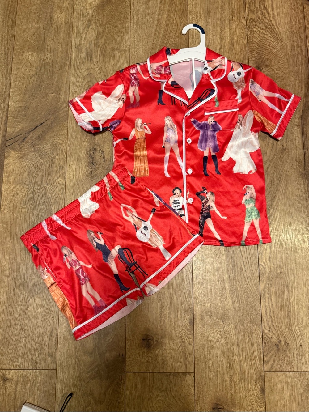 Kids Red Satin Pajama Set with Performer Print
